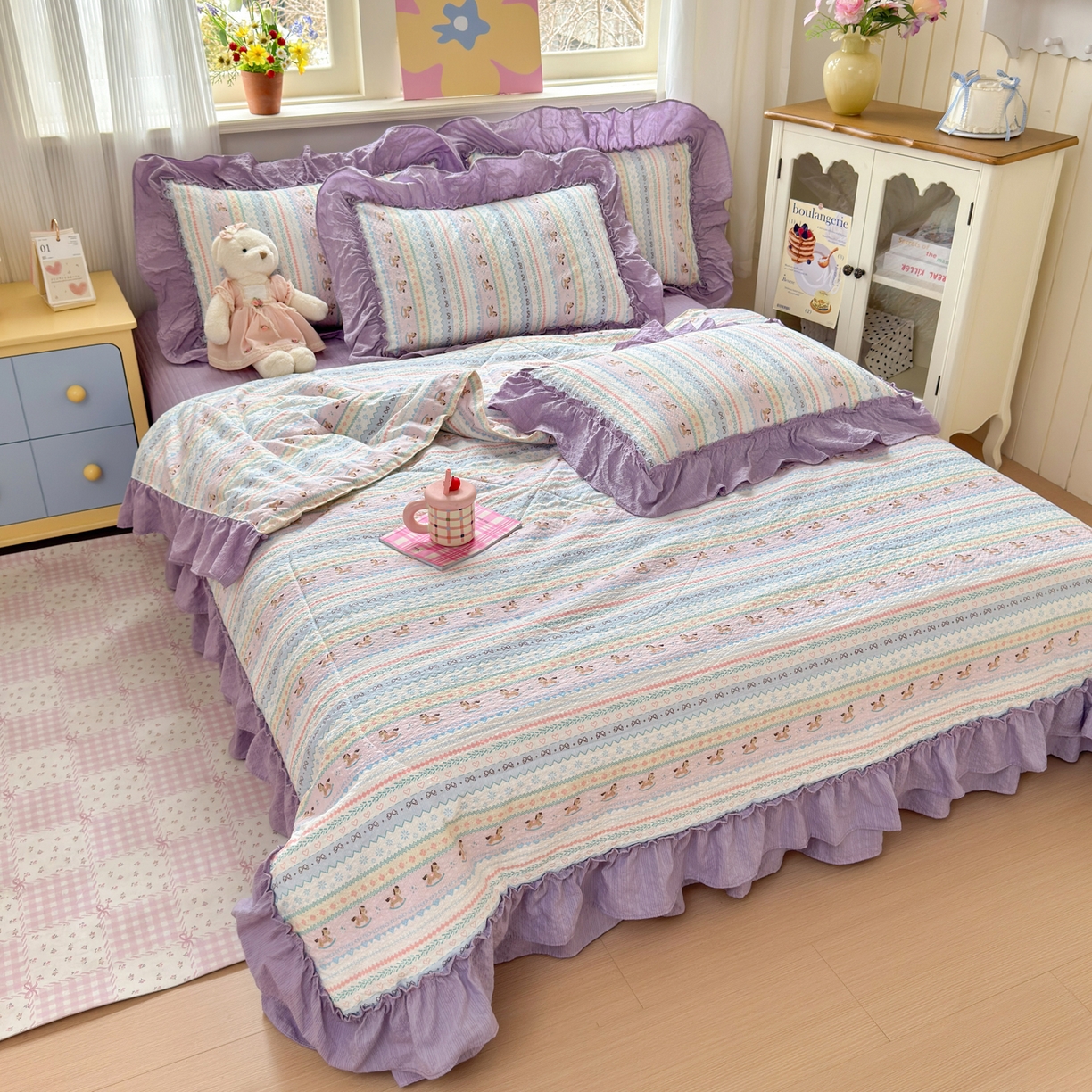 91家纺网 家纺一手货源 找家纺 禾沐 2026新款云感泡芙棉床盖夏被四件套AA款（夏被款） 甜心木马卷