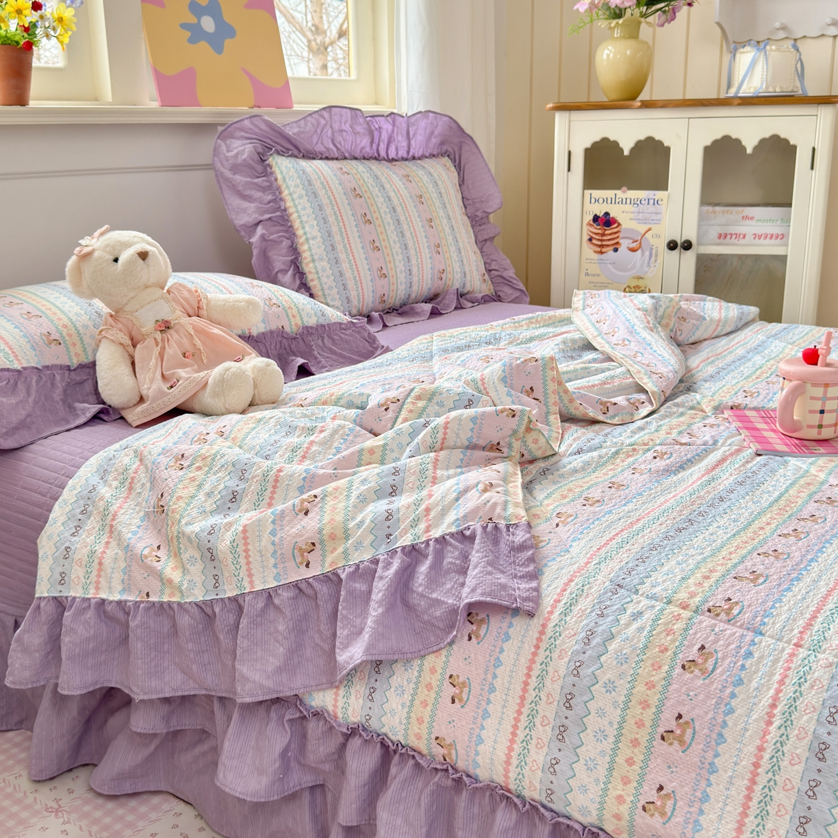 91家纺网 家纺一手货源 找家纺 禾沐 2026新款云感泡芙棉床盖夏被四件套AA款（夏被款） 甜心木马卷