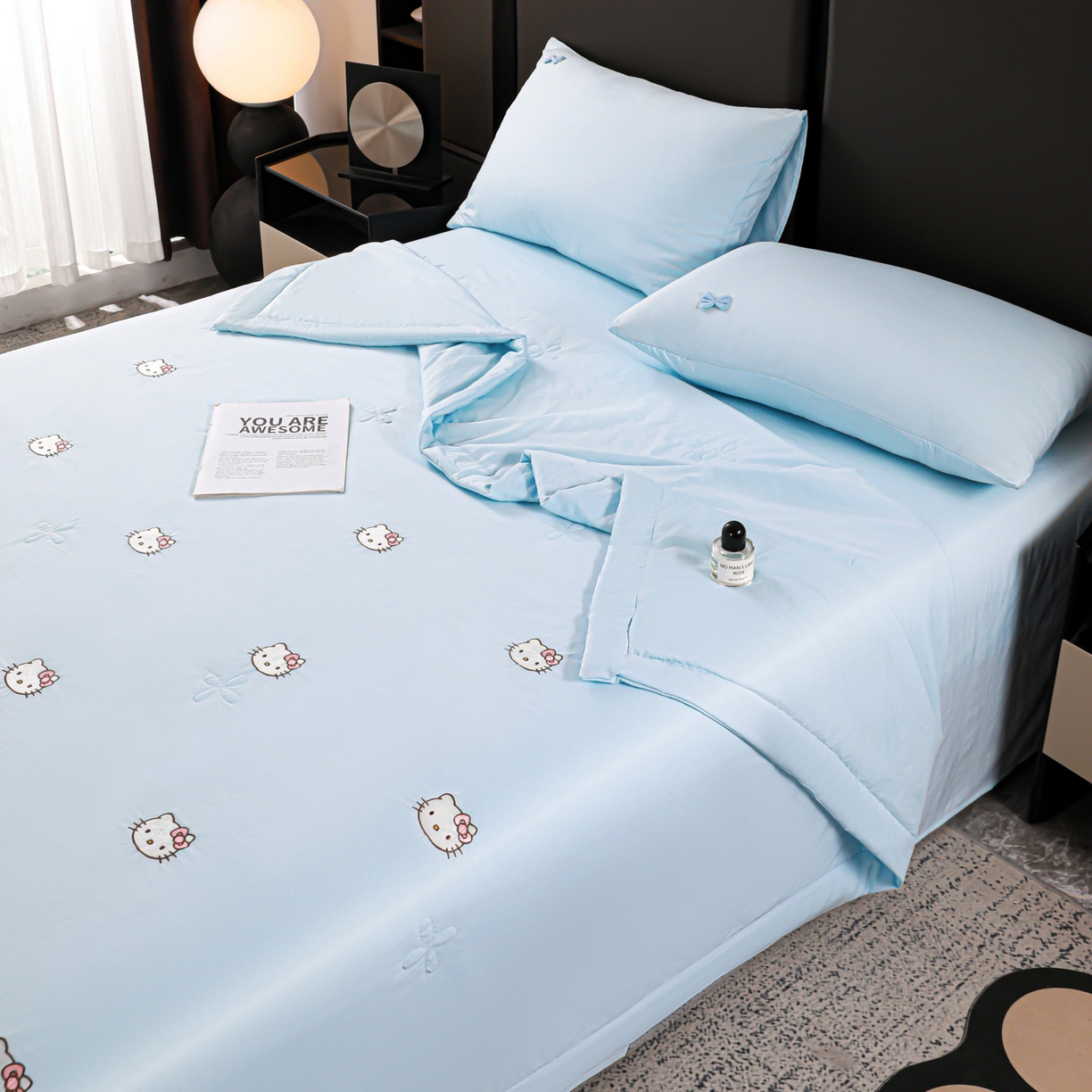 91家纺网 家纺一手货源 找家纺 佳鸿家纺 2026新款A类凉感冰柔丝刺绣手包边夏凉被夏被四件套 提供质检报告 冰蓝kt