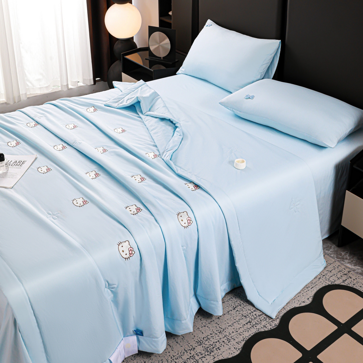 91家纺网 家纺一手货源 找家纺 佳鸿家纺 2026新款A类凉感冰柔丝刺绣手包边夏凉被夏被四件套 提供质检报告 冰蓝kt