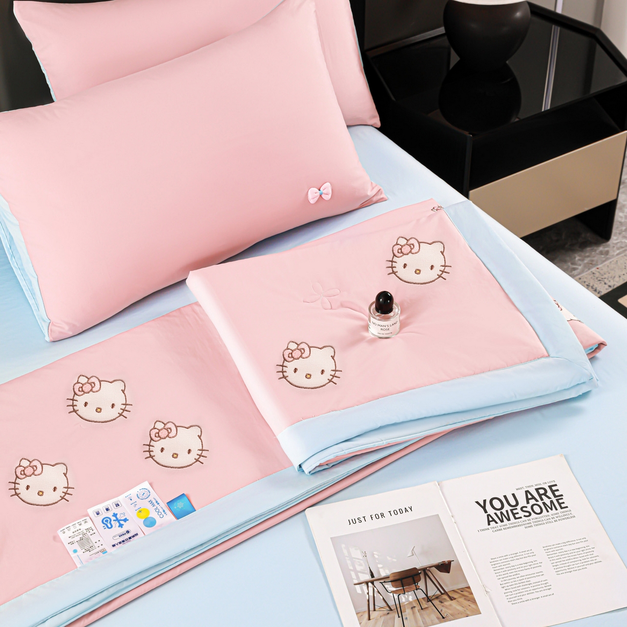 91家纺网 家纺一手货源 找家纺 佳鸿家纺 2026新款A类凉感冰柔丝刺绣手包边夏凉被夏被四件套 提供质检报告 粉蓝kt