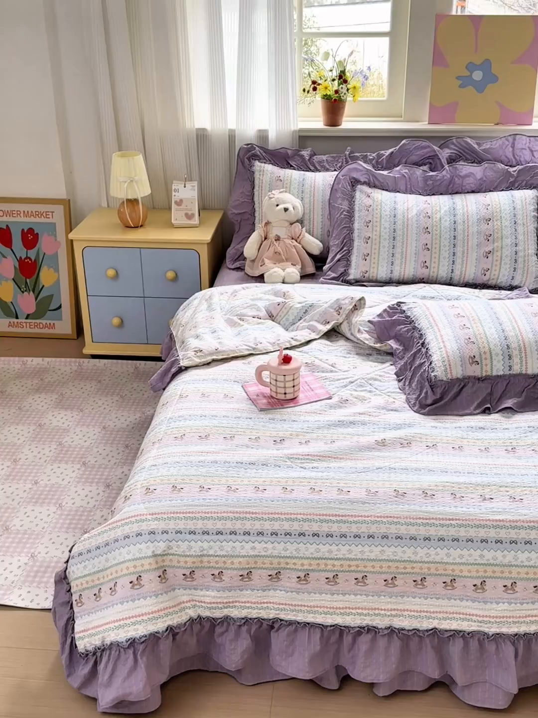 91家纺网 家纺一手货源 找家纺 禾沐 2026新款云感泡芙棉床盖夏被四件套AA款（夏被款） 甜心木马卷