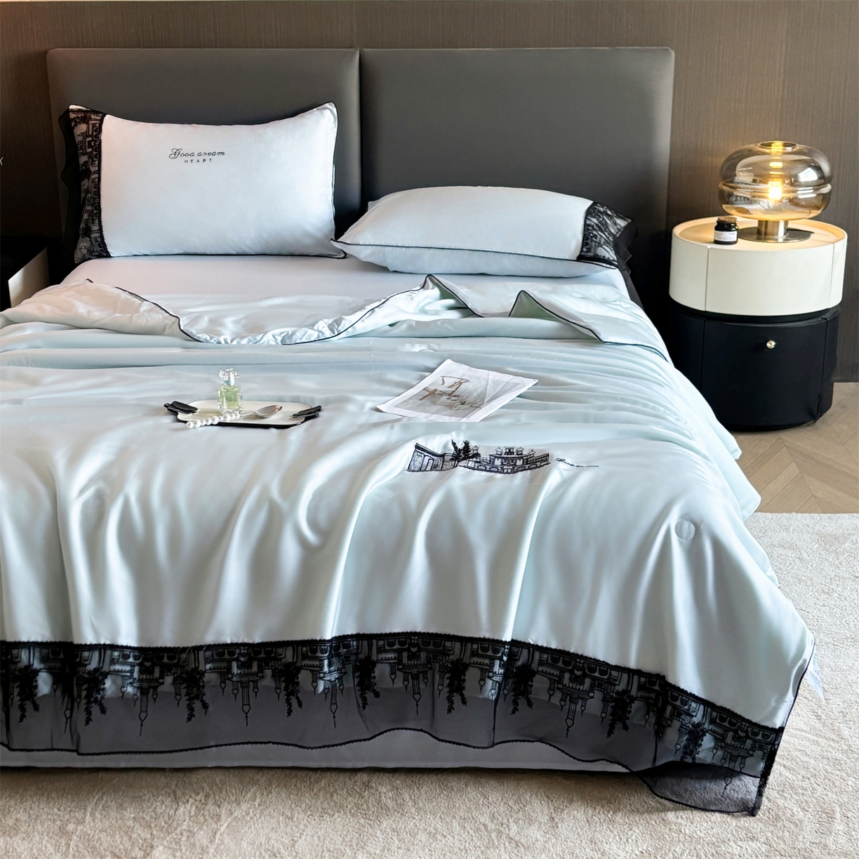 91家纺网 家纺一手货源 找家纺 （总）梵蒂莎 2026新款黑纱城堡系列60s兰精天丝夏被四件套夏凉被空调被被子被芯床单枕套床笠（需要买家秀，加微信