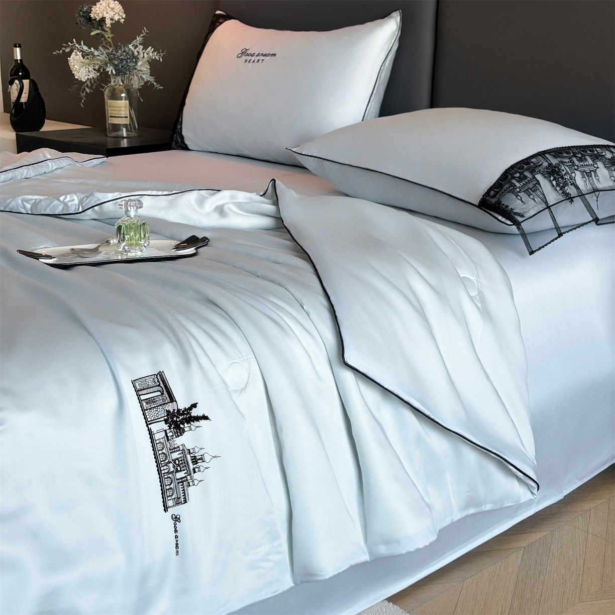 91家纺网 家纺一手货源 找家纺 （总）梵蒂莎 2026新款黑纱城堡系列60s兰精天丝夏被四件套夏凉被空调被被子被芯床单枕套床笠（需要买家秀，加微信