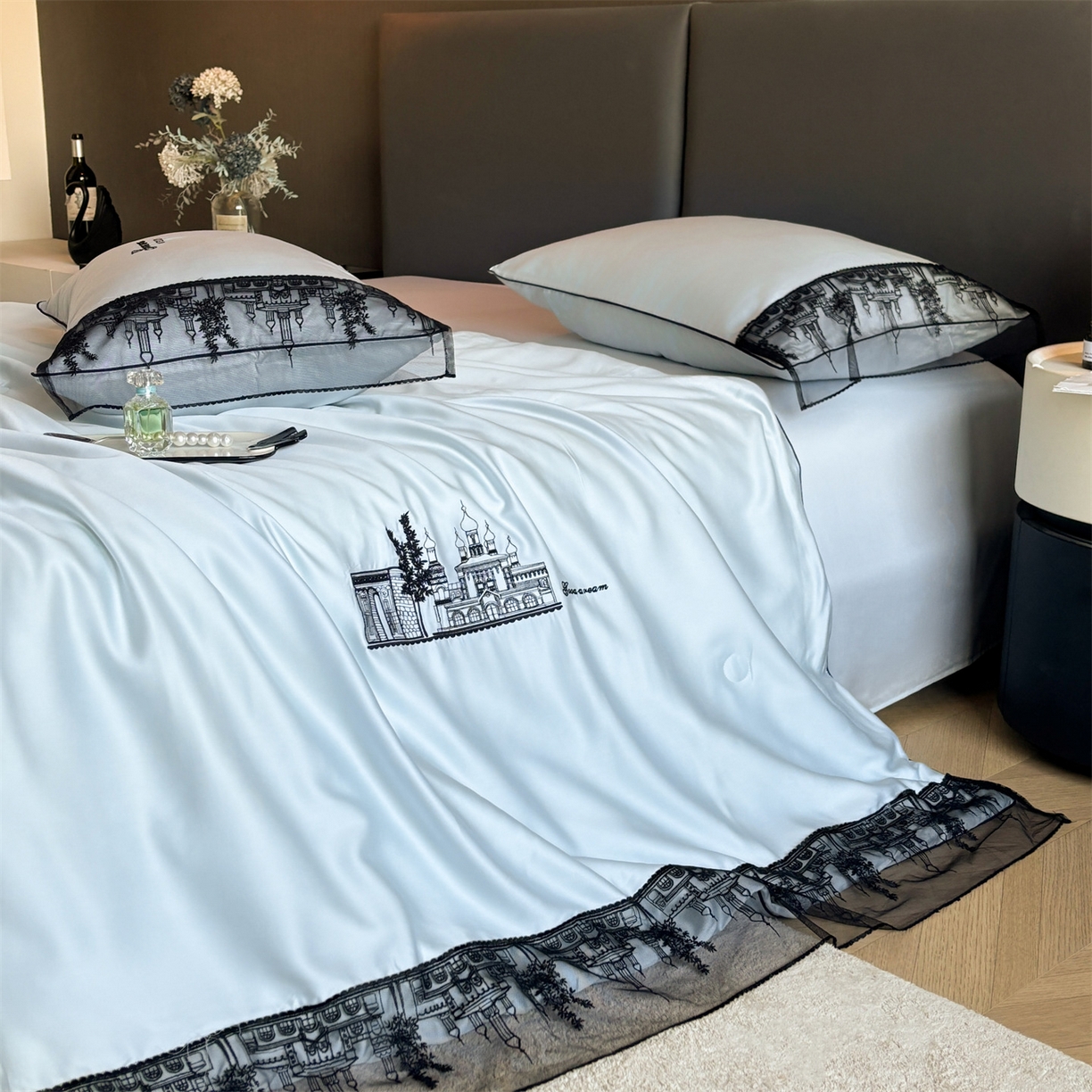 91家纺网 家纺一手货源 找家纺 （总）梵蒂莎 2026新款黑纱城堡系列60s兰精天丝夏被四件套夏凉被空调被被子被芯床单枕套床笠（需要买家秀，加微信