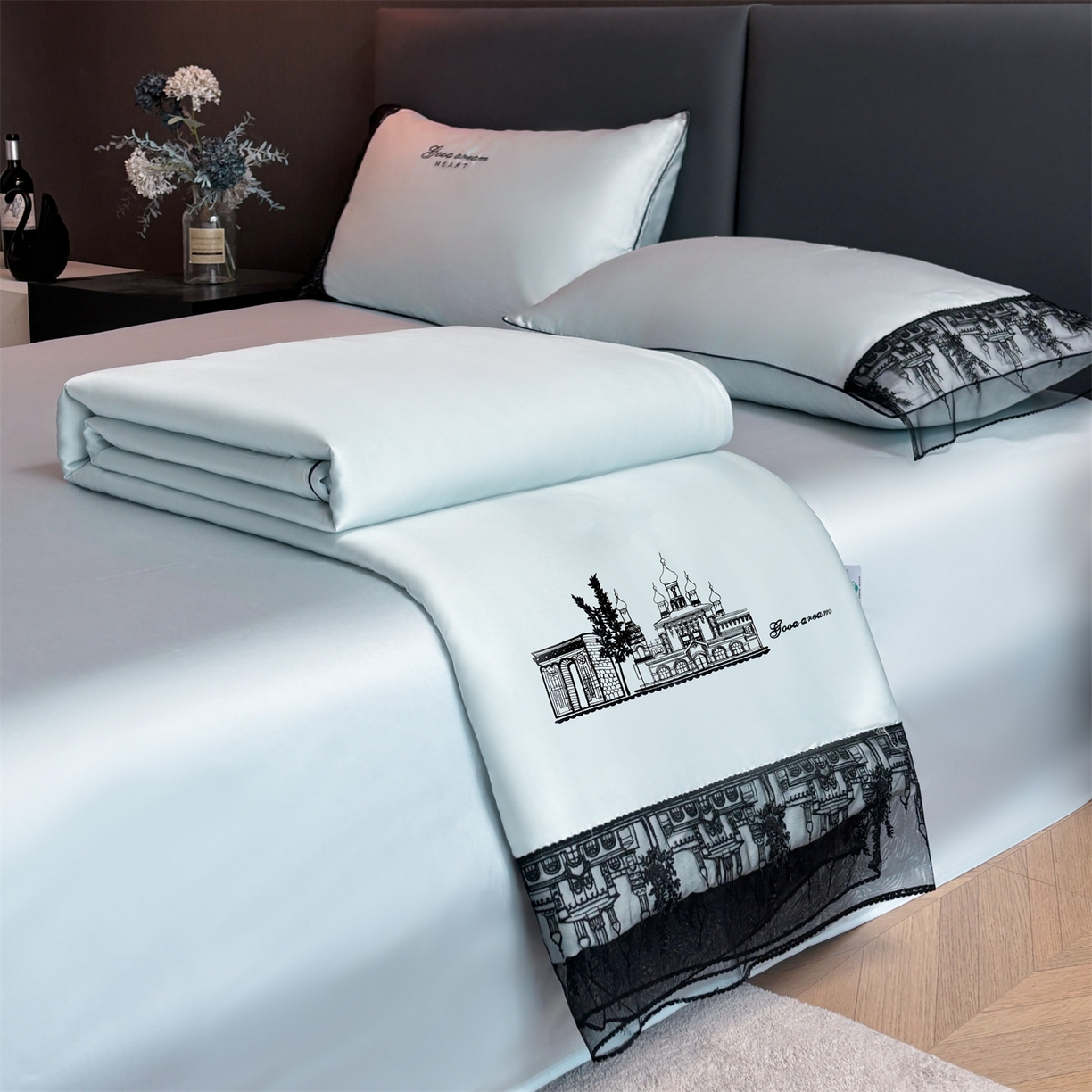 91家纺网 家纺一手货源 找家纺 （总）梵蒂莎 2026新款黑纱城堡系列60s兰精天丝夏被四件套夏凉被空调被被子被芯床单枕套床笠（需要买家秀，加微信