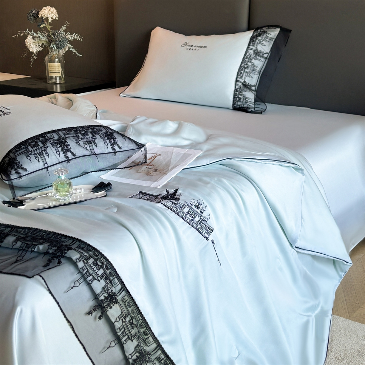 91家纺网 家纺一手货源 找家纺 （总）梵蒂莎 2026新款黑纱城堡系列60s兰精天丝夏被四件套夏凉被空调被被子被芯床单枕套床笠（需要买家秀，加微信