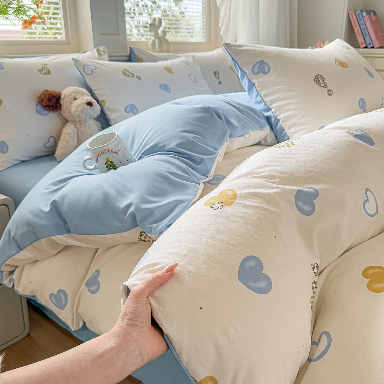 91家纺网 家纺一手货源 找家纺 铭浩家纺 2026春夏新款A类古法水洗云朵四件套 心恋之语