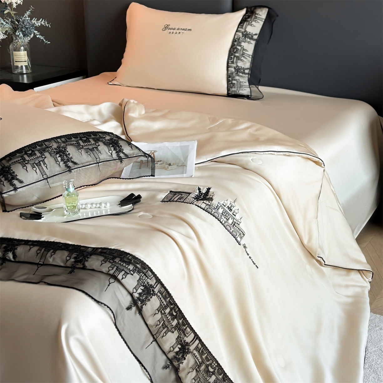 91家纺网 家纺一手货源 找家纺 （总）梵蒂莎 2026新款黑纱城堡系列60s兰精天丝夏被四件套夏凉被空调被被子被芯床单枕套床笠（需要买家秀，加微信