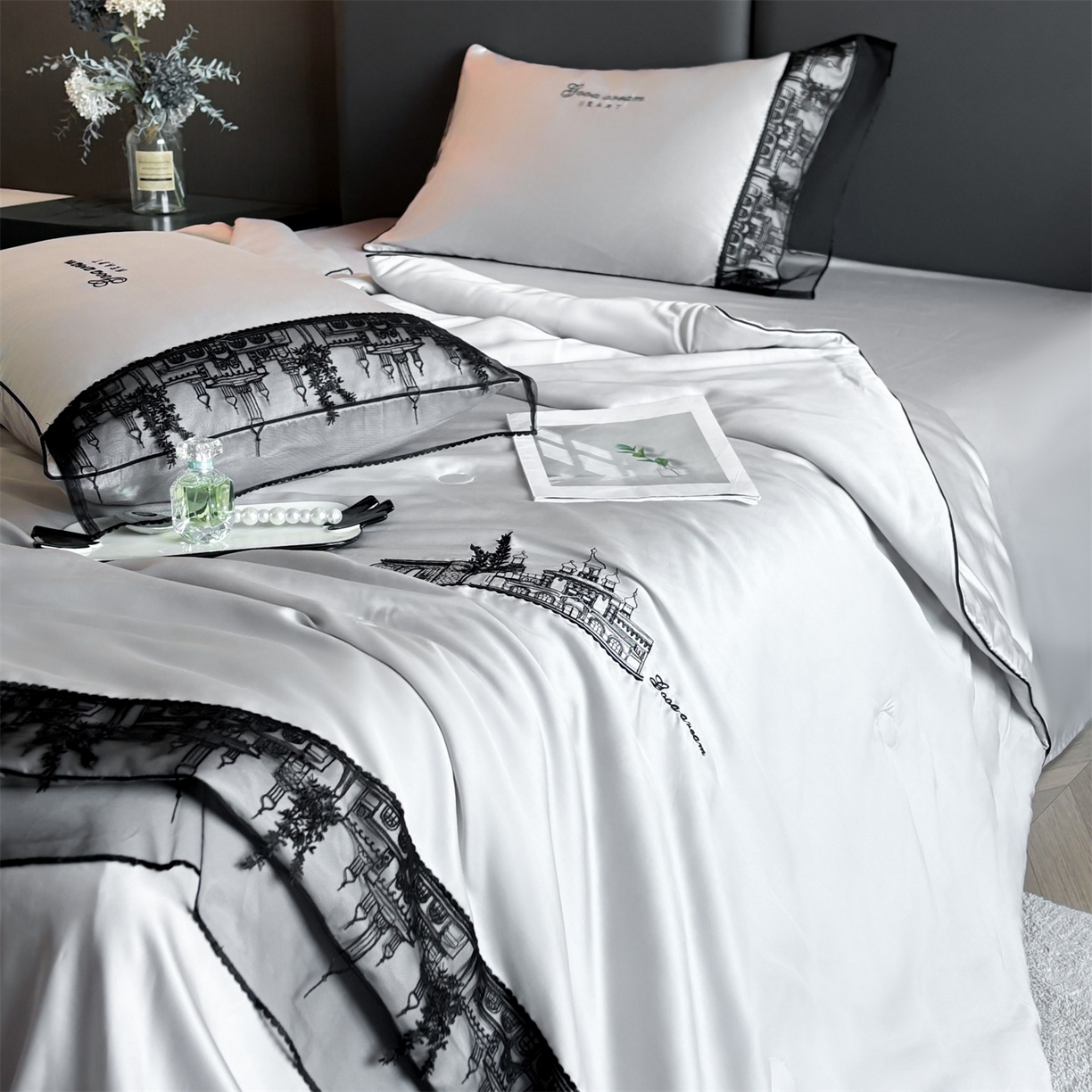 91家纺网 家纺一手货源 找家纺 （总）梵蒂莎 2026新款黑纱城堡系列60s兰精天丝夏被四件套夏凉被空调被被子被芯床单枕套床笠（需要买家秀，加微信