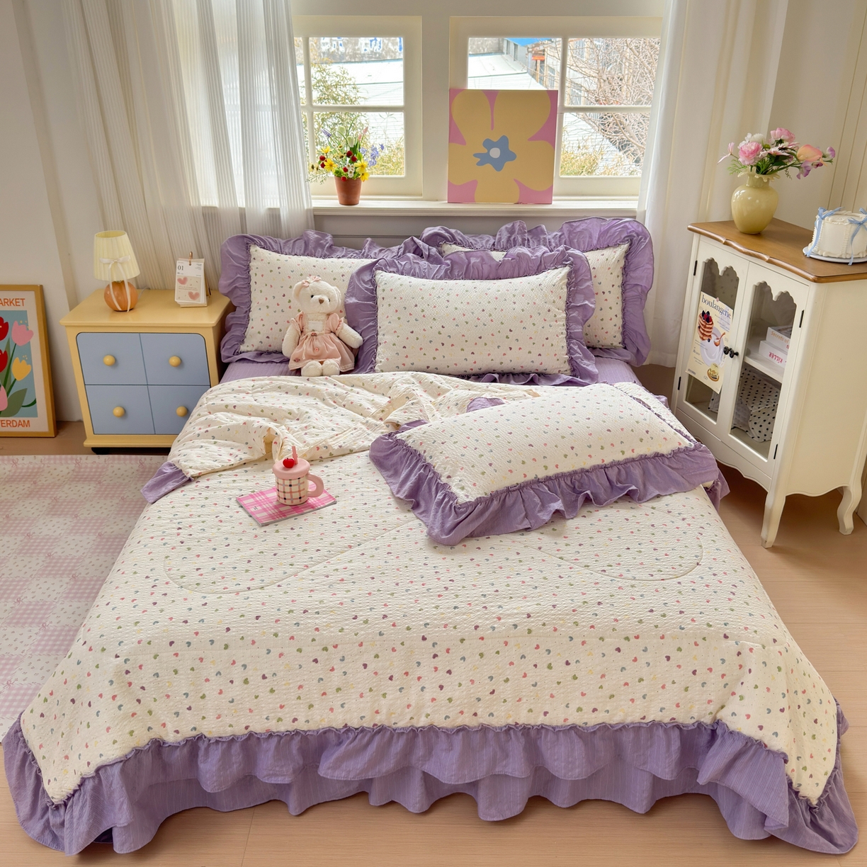 91家纺网 家纺一手货源 找家纺 禾沐 2026新款云感泡芙棉床盖夏被四件套AA款（夏被款） 爱心点点