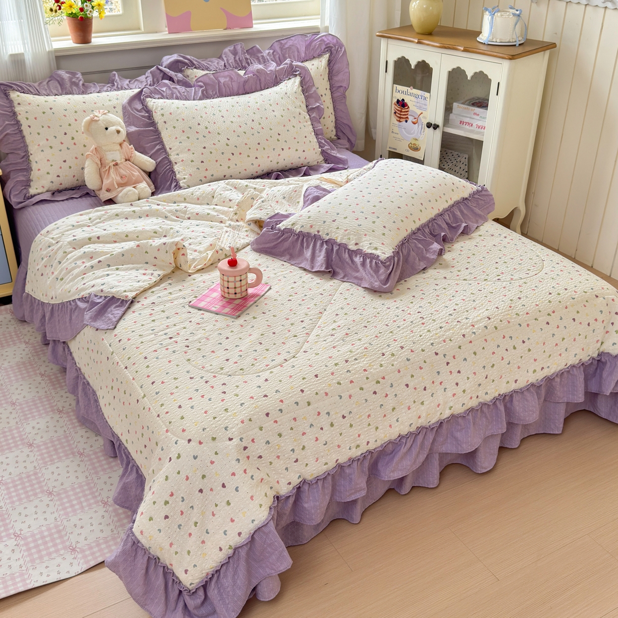 91家纺网 家纺一手货源 找家纺 禾沐 2026新款云感泡芙棉床盖夏被四件套AA款（夏被款） 爱心点点