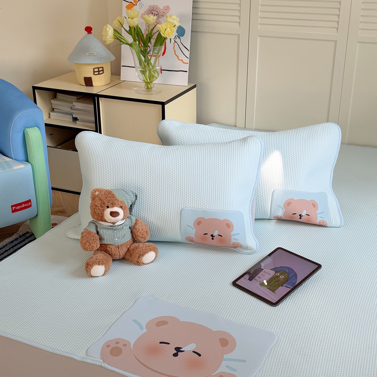 91家纺网 家纺一手货源 找家纺 GUJARY古家丽 2026新款即凉萌趣中分子床笠凉席三件套-风格二 瞌睡熊