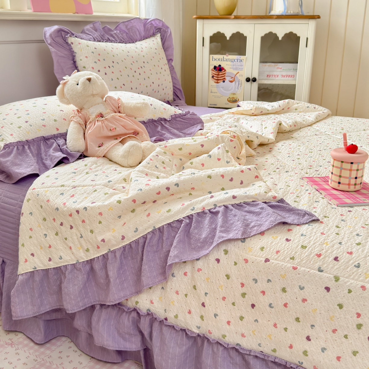 91家纺网 家纺一手货源 找家纺 禾沐 2026新款云感泡芙棉床盖夏被四件套AA款（夏被款） 爱心点点