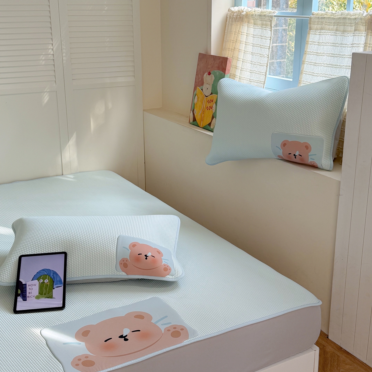 91家纺网 家纺一手货源 找家纺 GUJARY古家丽 2026新款即凉萌趣中分子床笠凉席三件套-风格二 瞌睡熊