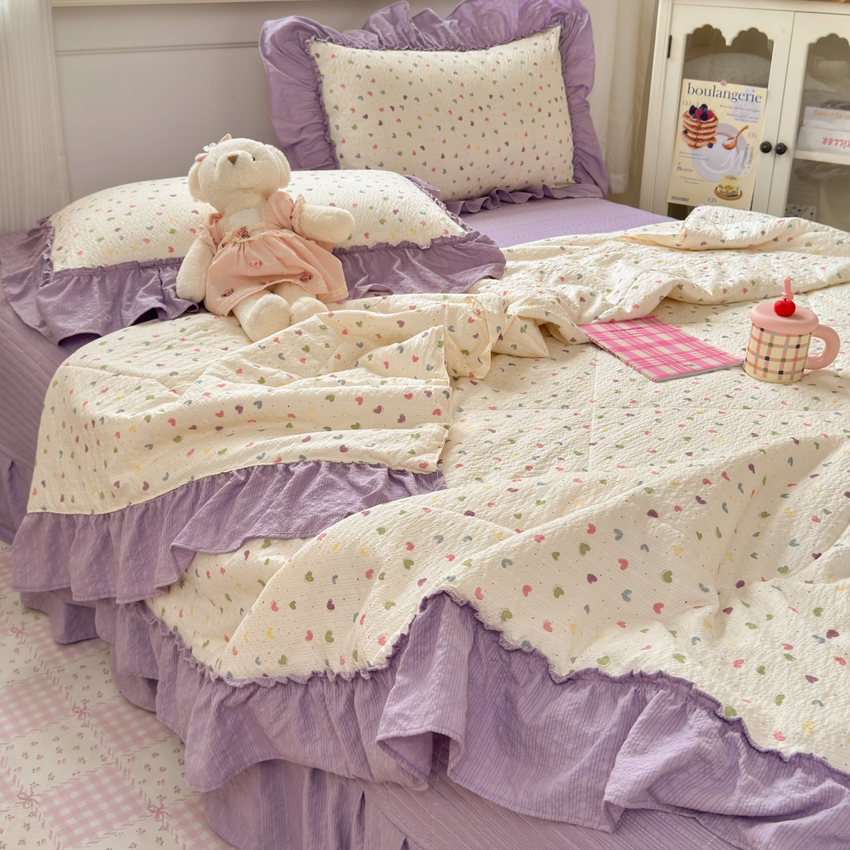 91家纺网 家纺一手货源 找家纺 禾沐 2026新款云感泡芙棉床盖夏被四件套AA款（夏被款） 爱心点点