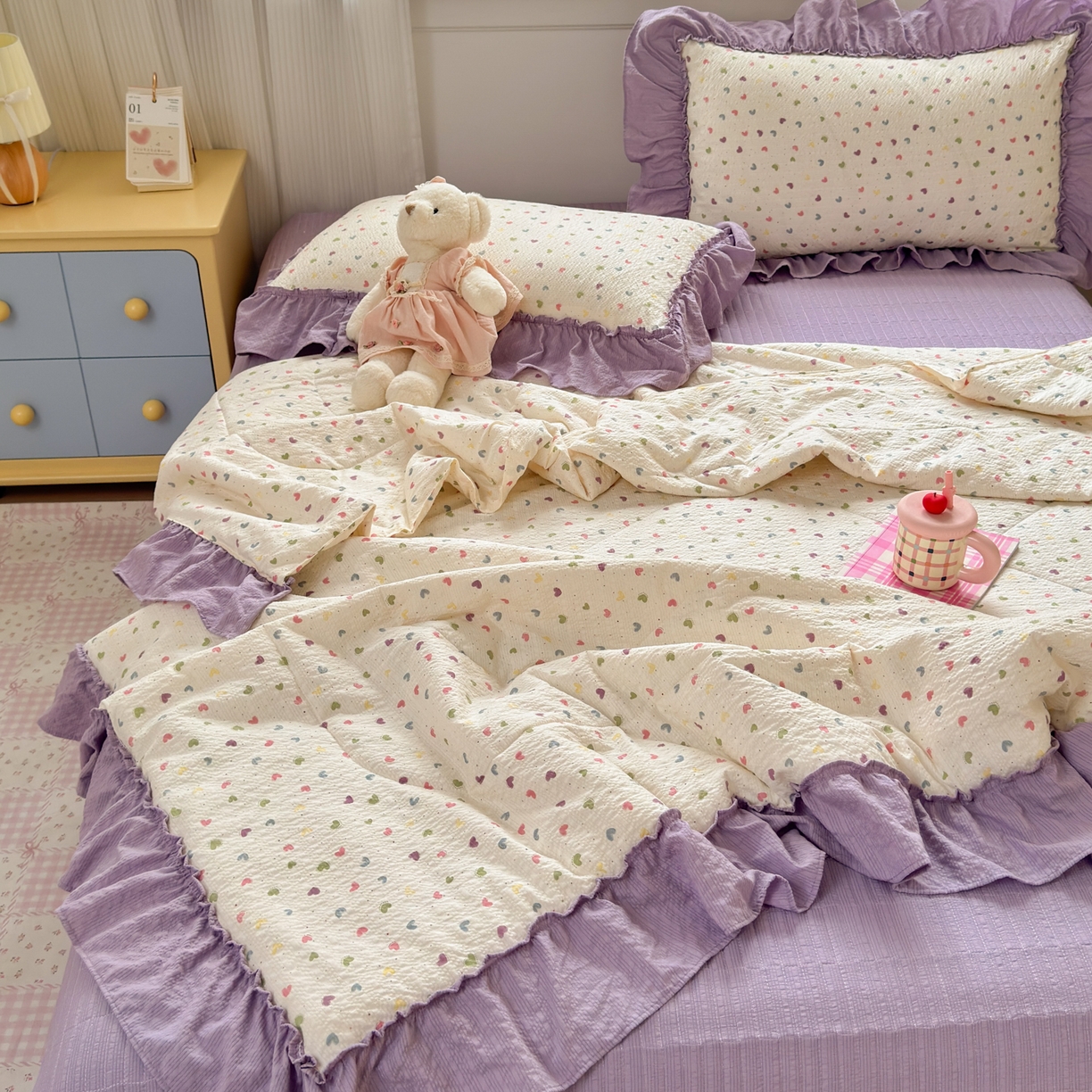 91家纺网 家纺一手货源 找家纺 禾沐 2026新款云感泡芙棉床盖夏被四件套AA款（夏被款） 爱心点点