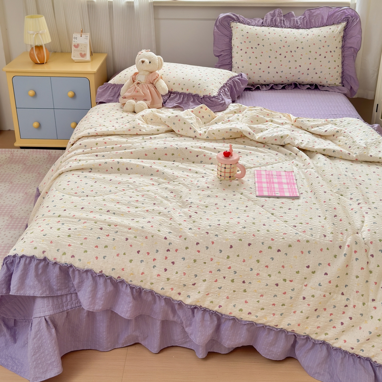 91家纺网 家纺一手货源 找家纺 禾沐 2026新款云感泡芙棉床盖夏被四件套AA款（夏被款） 爱心点点