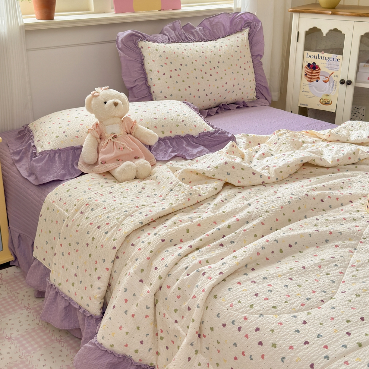 91家纺网 家纺一手货源 找家纺 禾沐 2026新款云感泡芙棉床盖夏被四件套AA款（夏被款） 爱心点点