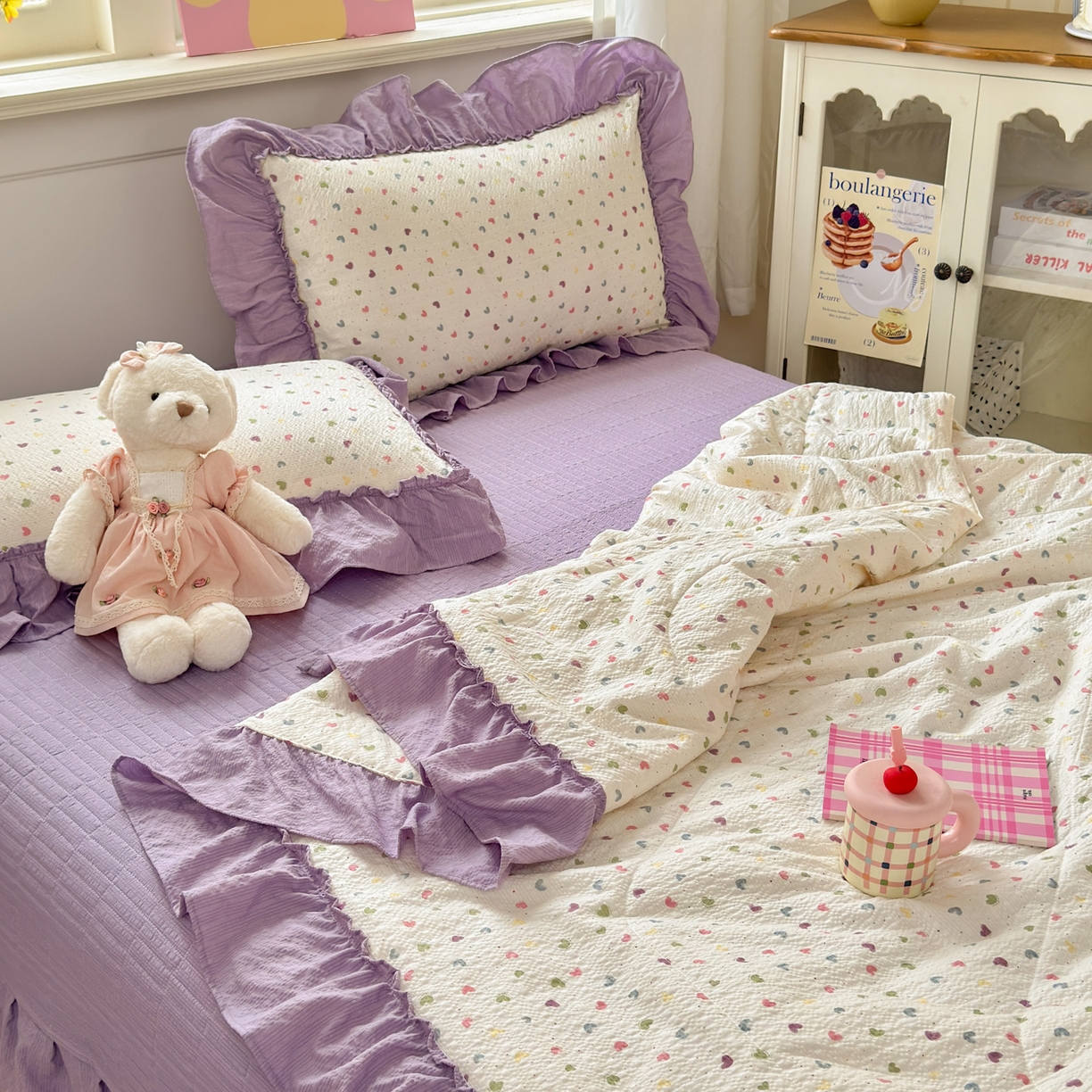 91家纺网 家纺一手货源 找家纺 禾沐 2026新款云感泡芙棉床盖夏被四件套AA款（夏被款） 爱心点点