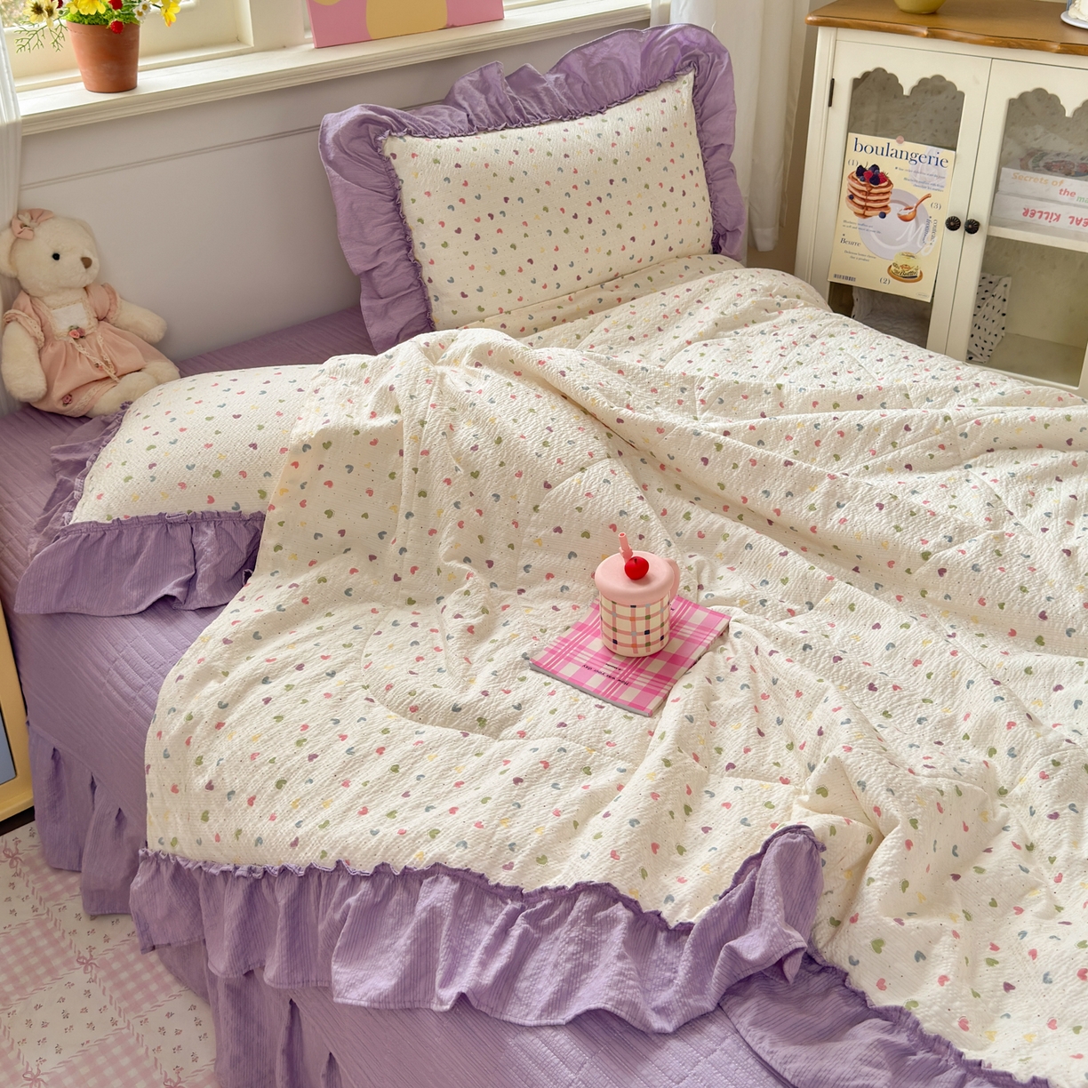 91家纺网 家纺一手货源 找家纺 禾沐 2026新款云感泡芙棉床盖夏被四件套AA款（夏被款） 爱心点点