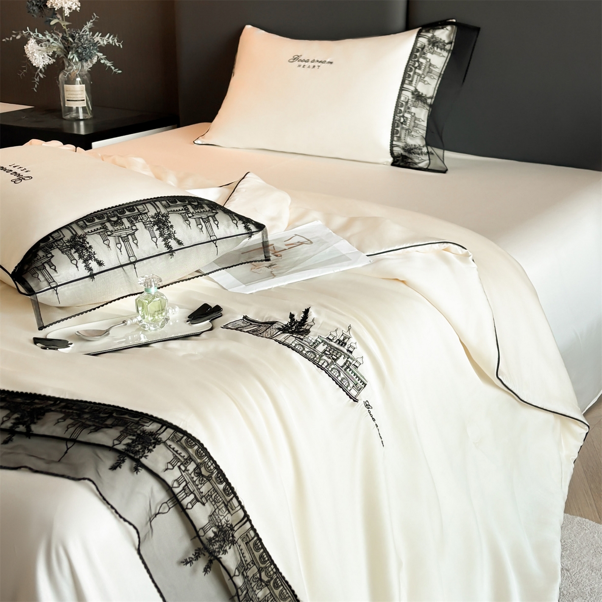 91家纺网 家纺一手货源 找家纺 （总）梵蒂莎 2026新款黑纱城堡系列60s兰精天丝夏被四件套夏凉被空调被被子被芯床单枕套床笠（需要买家秀，加微信