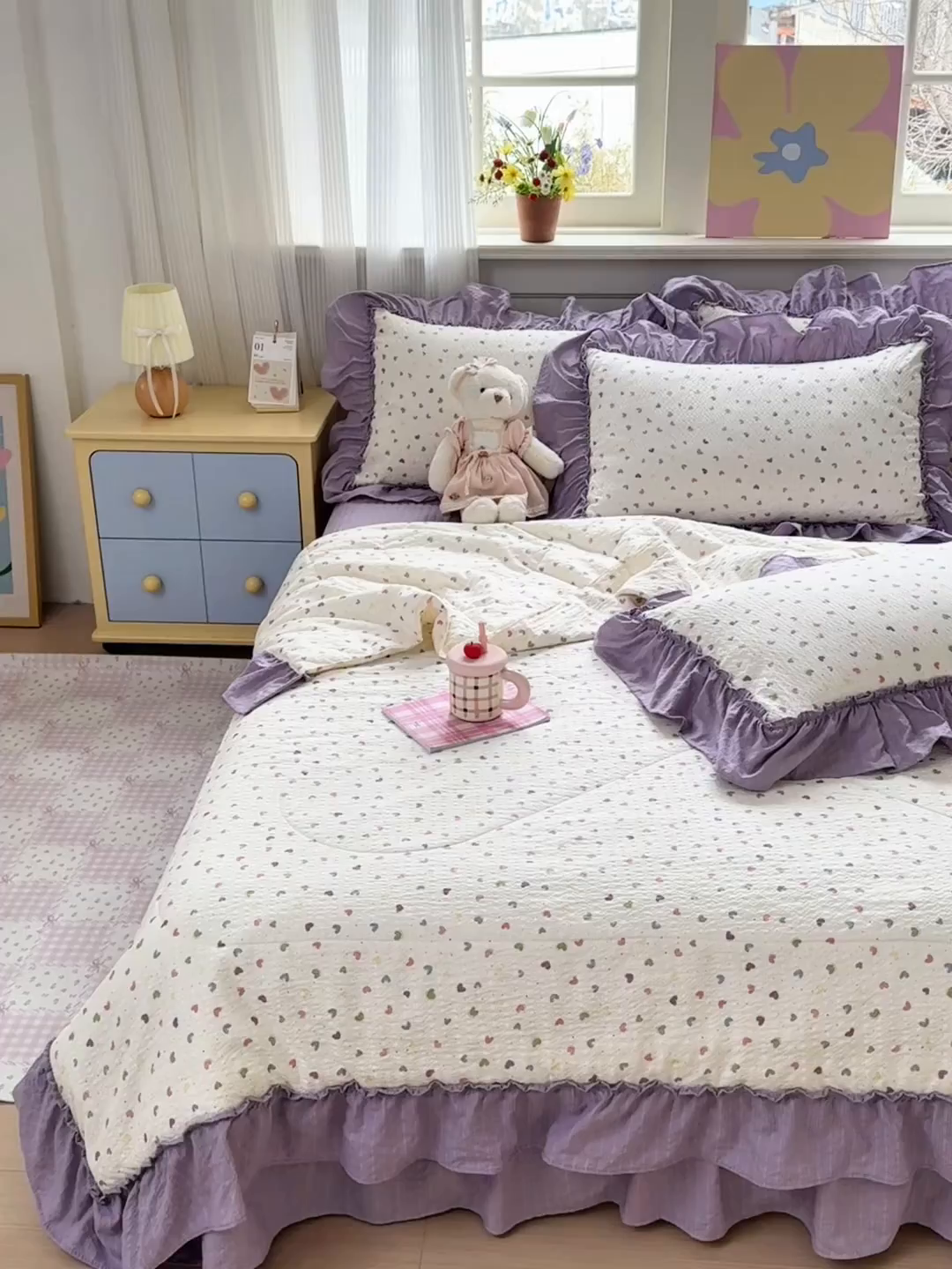 91家纺网 家纺一手货源 找家纺 禾沐 2026新款云感泡芙棉床盖夏被四件套AA款（夏被款） 爱心点点