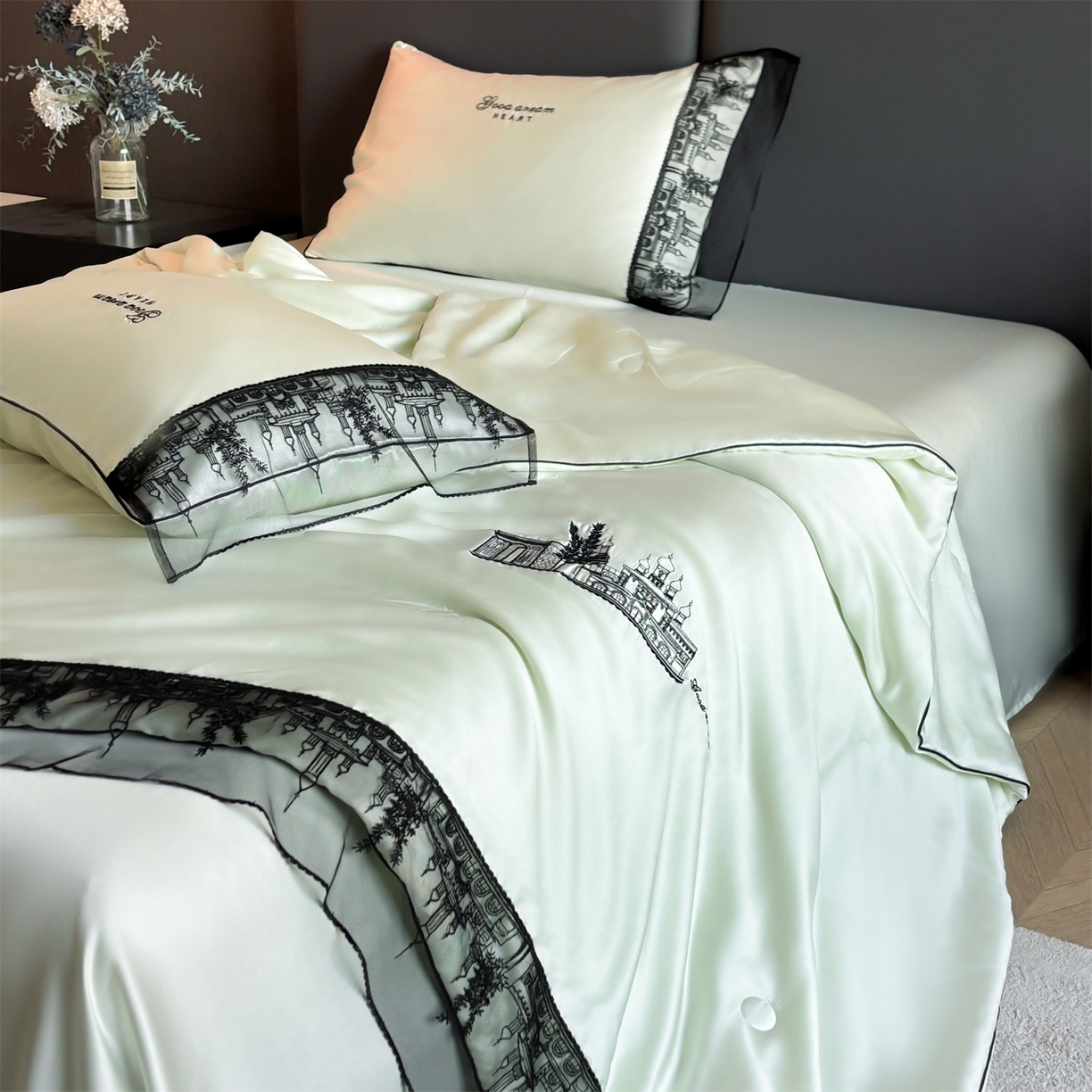 91家纺网 家纺一手货源 找家纺 （总）梵蒂莎 2026新款黑纱城堡系列60s兰精天丝夏被四件套夏凉被空调被被子被芯床单枕套床笠（需要买家秀，加微信