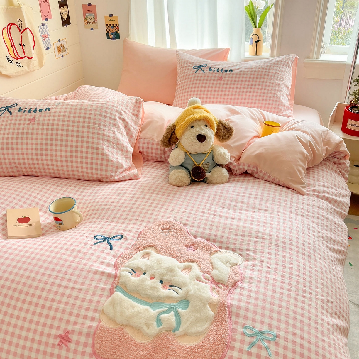 91家纺网 家纺一手货源 找家纺 2026新款卡通刺绣四件套水洗棉毛巾绣三件套学生宿舍被套床笠贴布绣