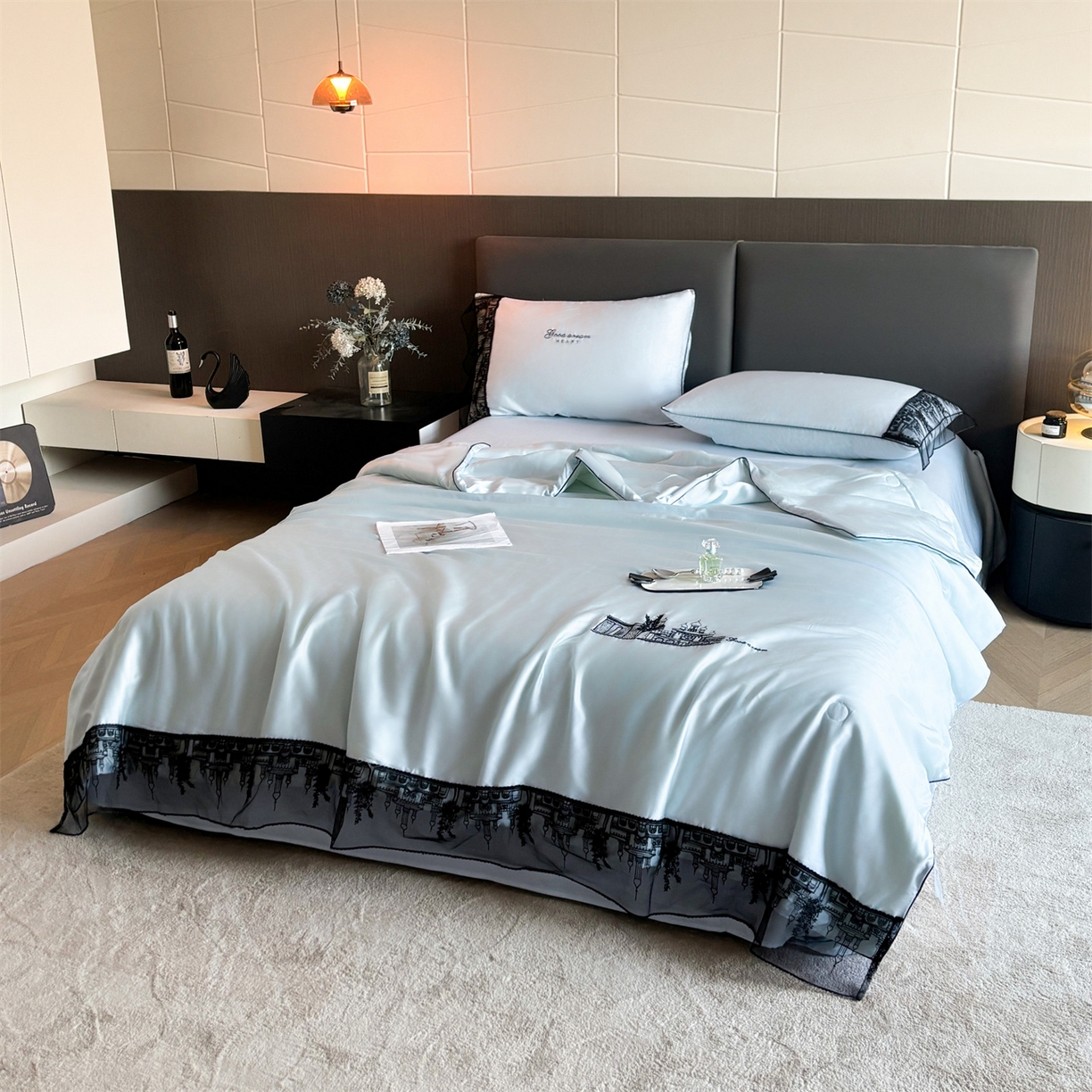 91家纺网 家纺一手货源 找家纺 梵蒂莎 2026新款黑纱城堡系列60s兰精天丝夏被四件套夏凉被空调被被子被芯床单枕套床笠（需要买家秀，加微信 黑纱城堡-浅云蓝