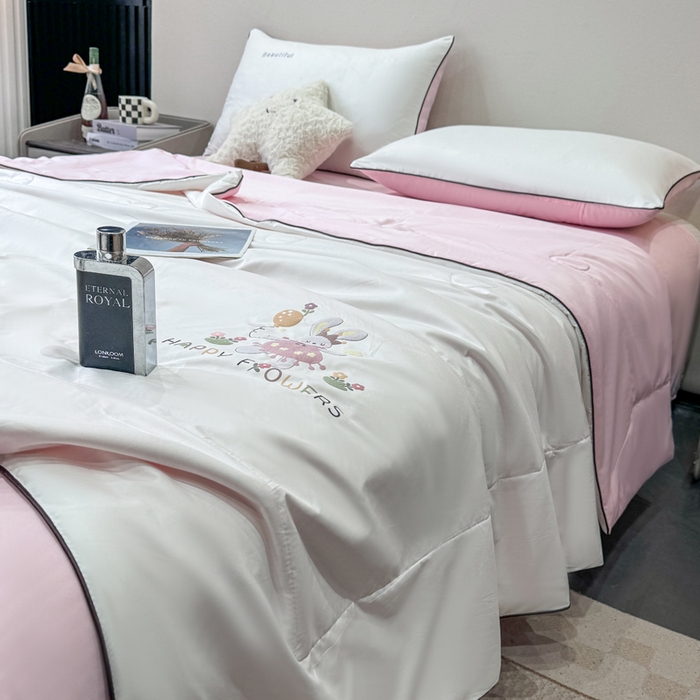 91家纺网 家纺一手货源 找家纺 蕾诺家纺 2026新款冰丝烫画夏被空调被夏凉被 被子被芯 粉白