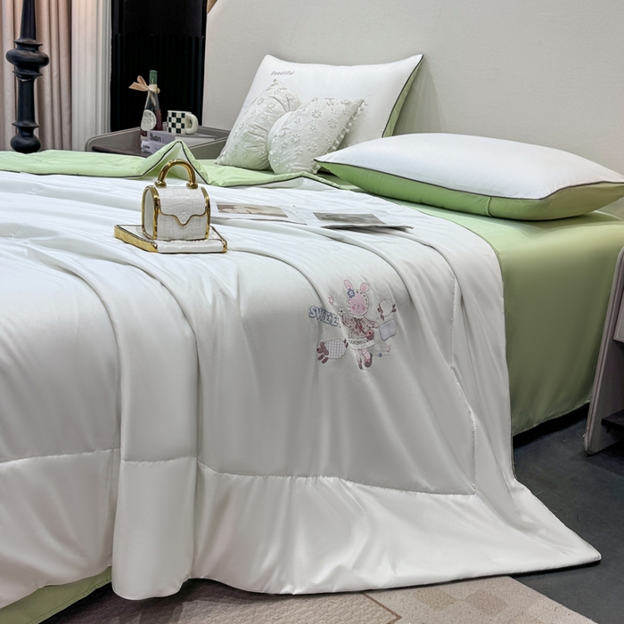 91家纺网 家纺一手货源 找家纺 蕾诺家纺 2026新款冰丝烫画夏被空调被夏凉被 被子被芯 绿白