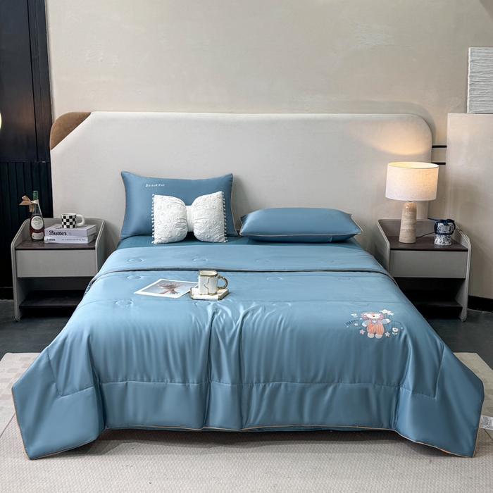 91家纺网 家纺一手货源 找家纺 蕾诺家纺 2026新款冰丝烫画夏被空调被夏凉被 被子被芯 蓝色