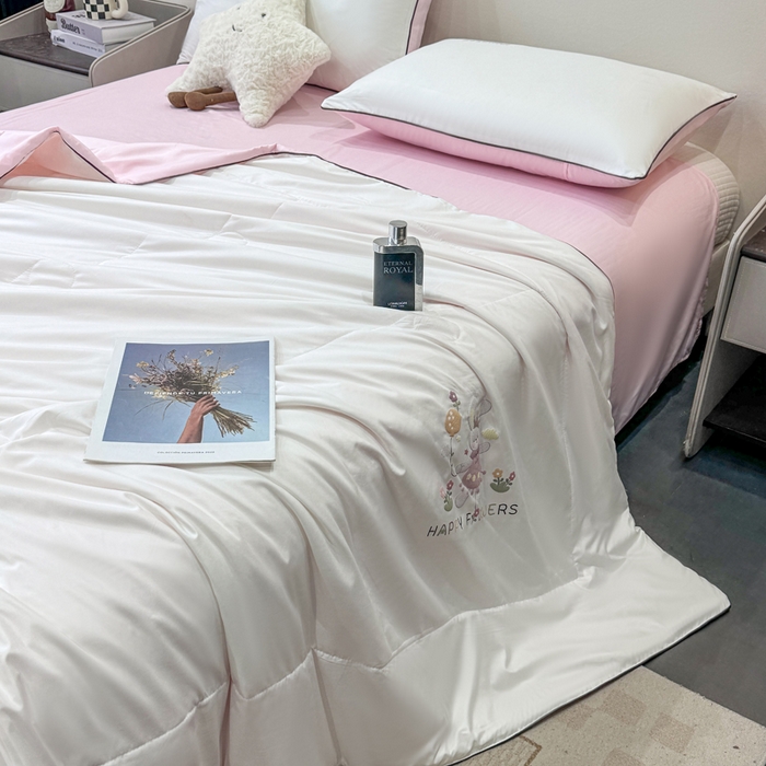 蕾诺家纺 2026新款冰丝烫画夏被空调被夏凉被 被子被芯 粉白