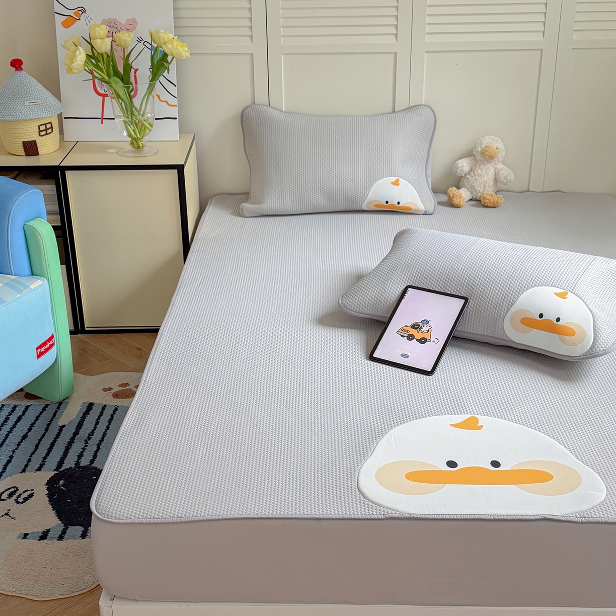 91家纺网 家纺一手货源 找家纺 GUJARY古家丽 2026新款即凉萌趣中分子床笠凉席三件套-风格二 呆萌鸭