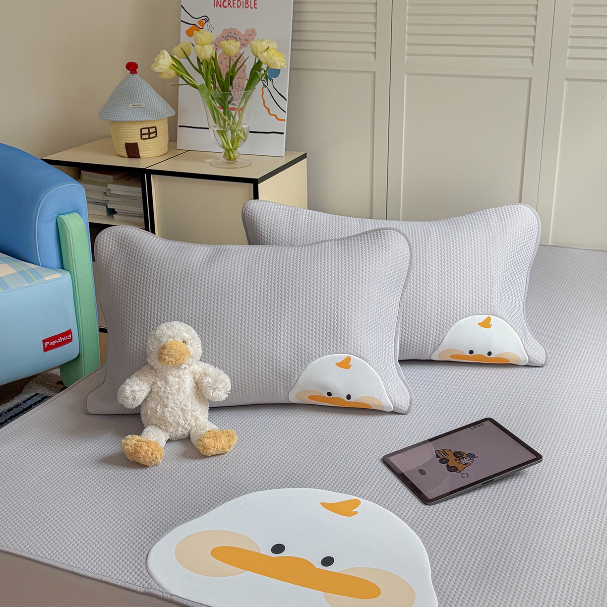 91家纺网 家纺一手货源 找家纺 GUJARY古家丽 2026新款即凉萌趣中分子床笠凉席三件套-风格二 呆萌鸭