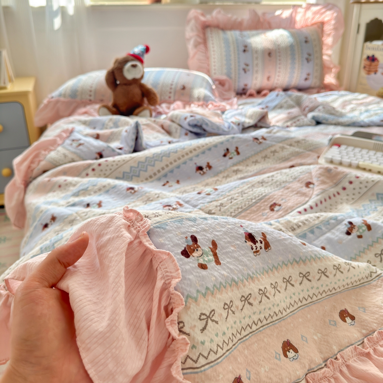 禾沐 2026新款云感泡芙棉床盖夏被四件套AA款（夏被款） 费尔岛小狗