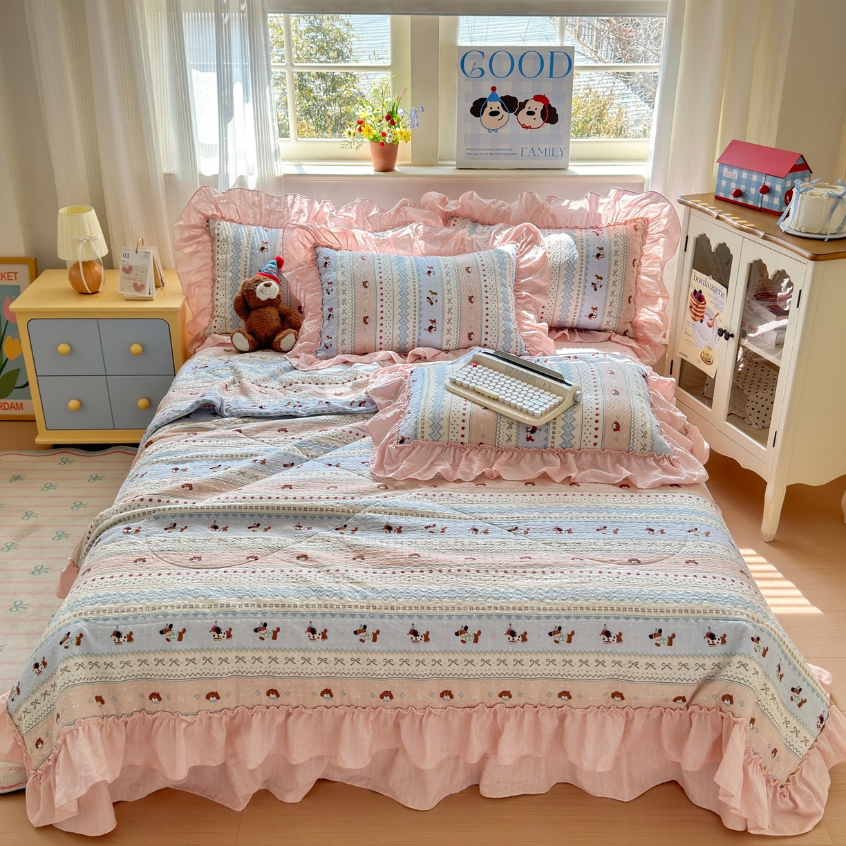 91家纺网 家纺一手货源 找家纺 禾沐 2026新款云感泡芙棉床盖夏被四件套AA款（夏被款） 费尔岛小狗