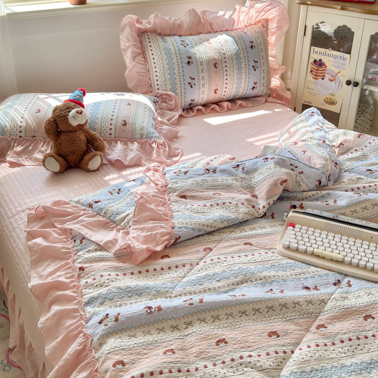 91家纺网 家纺一手货源 找家纺 禾沐 2026新款云感泡芙棉床盖夏被四件套AA款（夏被款） 费尔岛小狗