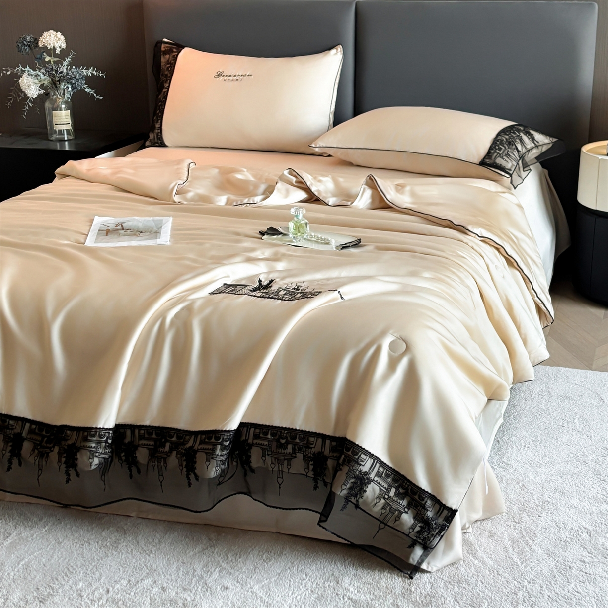 91家纺网 家纺一手货源 找家纺 梵蒂莎 2026新款黑纱城堡系列60s兰精天丝夏被四件套夏凉被空调被被子被芯床单枕套床笠（需要买家秀，加微信 黑纱城堡-居其香槟