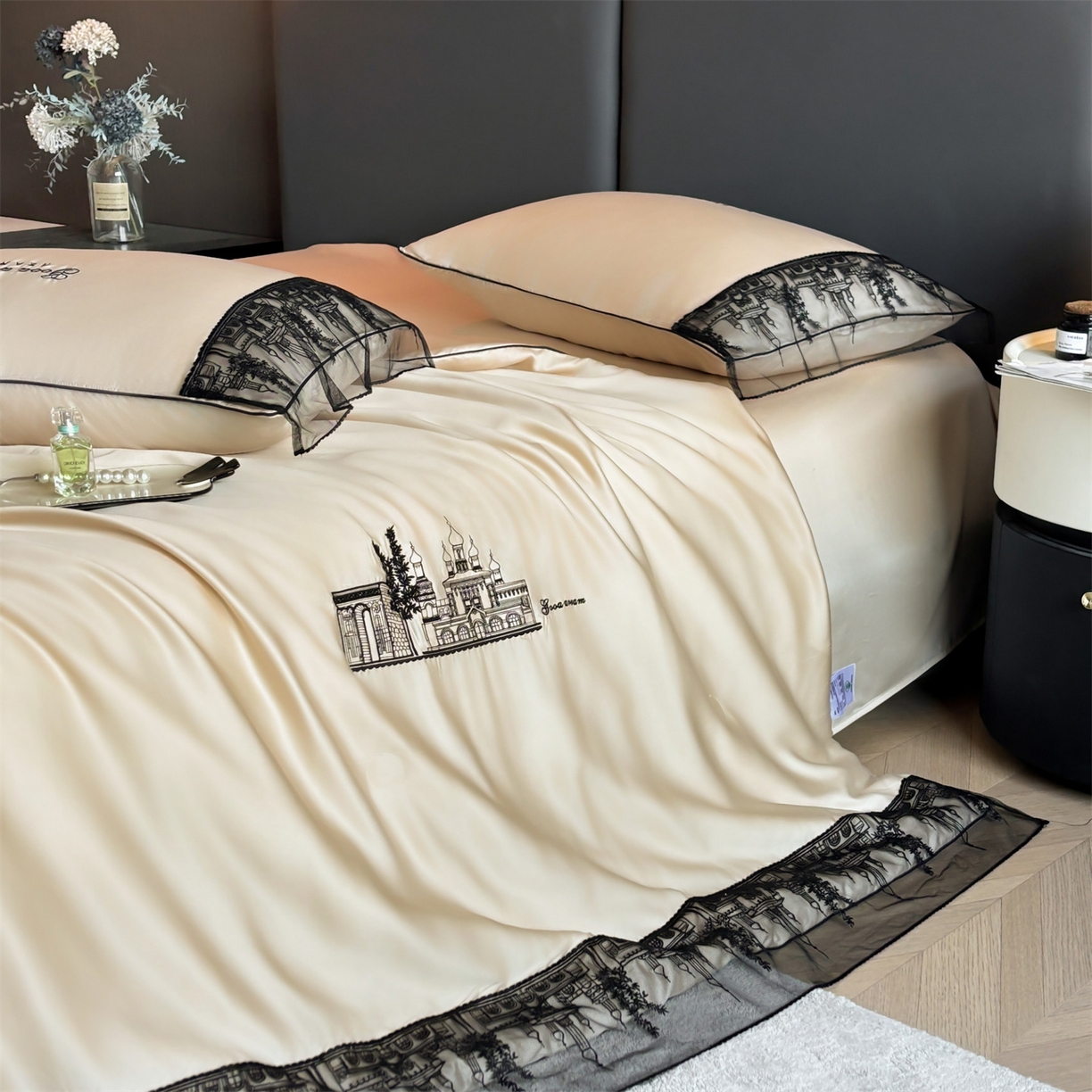 91家纺网 家纺一手货源 找家纺 梵蒂莎 2026新款黑纱城堡系列60s兰精天丝夏被四件套夏凉被空调被被子被芯床单枕套床笠（需要买家秀，加微信 黑纱城堡-居其香槟