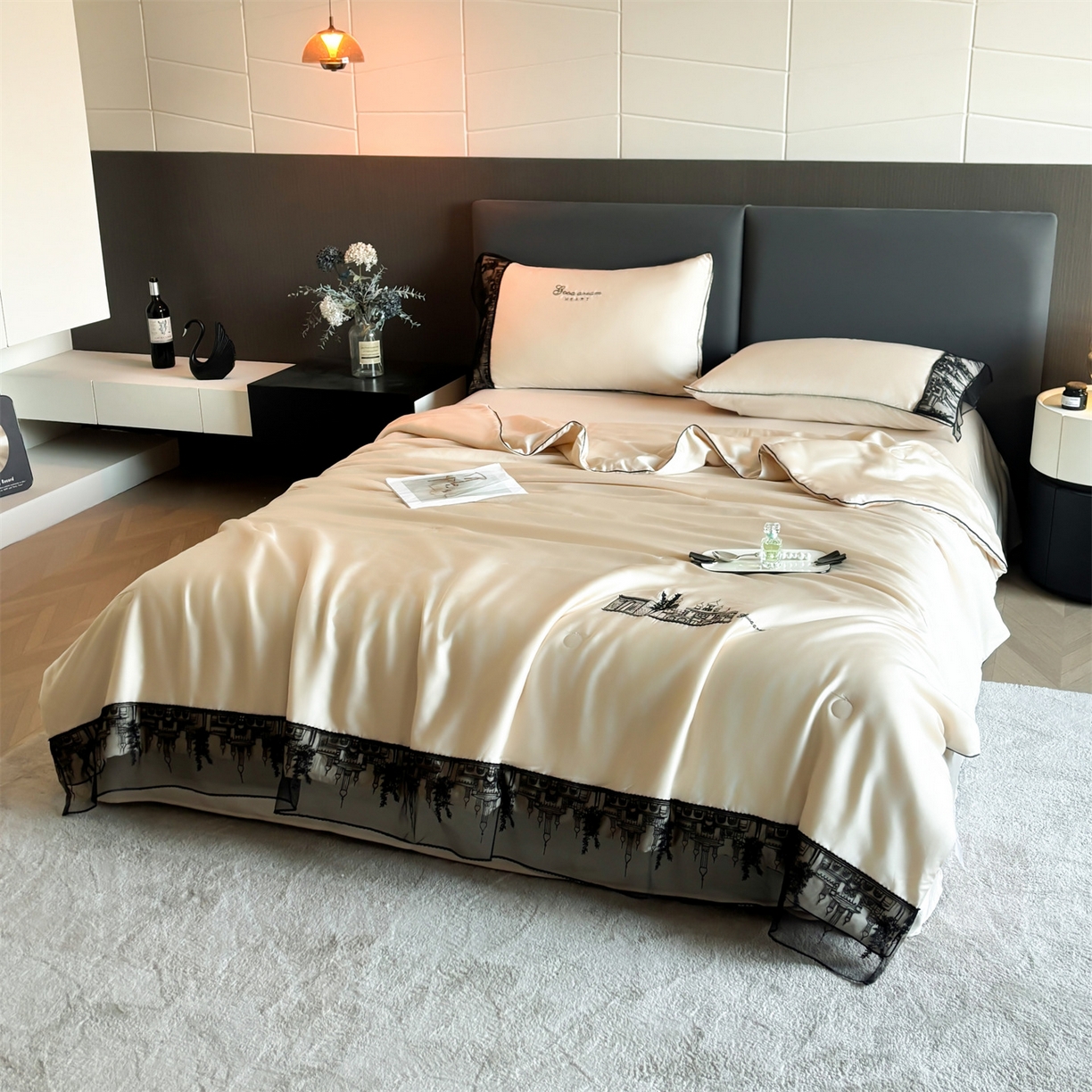 91家纺网 家纺一手货源 找家纺 梵蒂莎 2026新款黑纱城堡系列60s兰精天丝夏被四件套夏凉被空调被被子被芯床单枕套床笠（需要买家秀，加微信 黑纱城堡-居其香槟