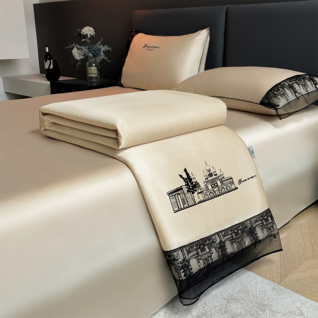 91家纺网 家纺一手货源 找家纺 梵蒂莎 2026新款黑纱城堡系列60s兰精天丝夏被四件套夏凉被空调被被子被芯床单枕套床笠（需要买家秀，加微信 黑纱城堡-居其香槟