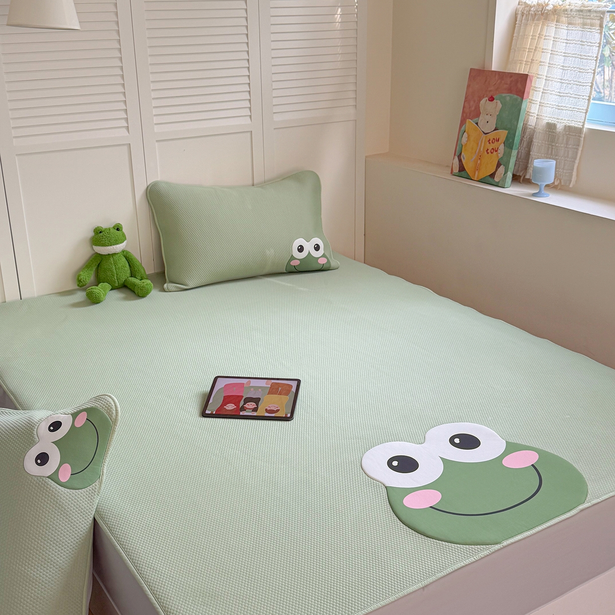 91家纺网 家纺一手货源 找家纺 GUJARY古家丽 2026新款即凉萌趣中分子床笠凉席三件套-风格二 青呱仔