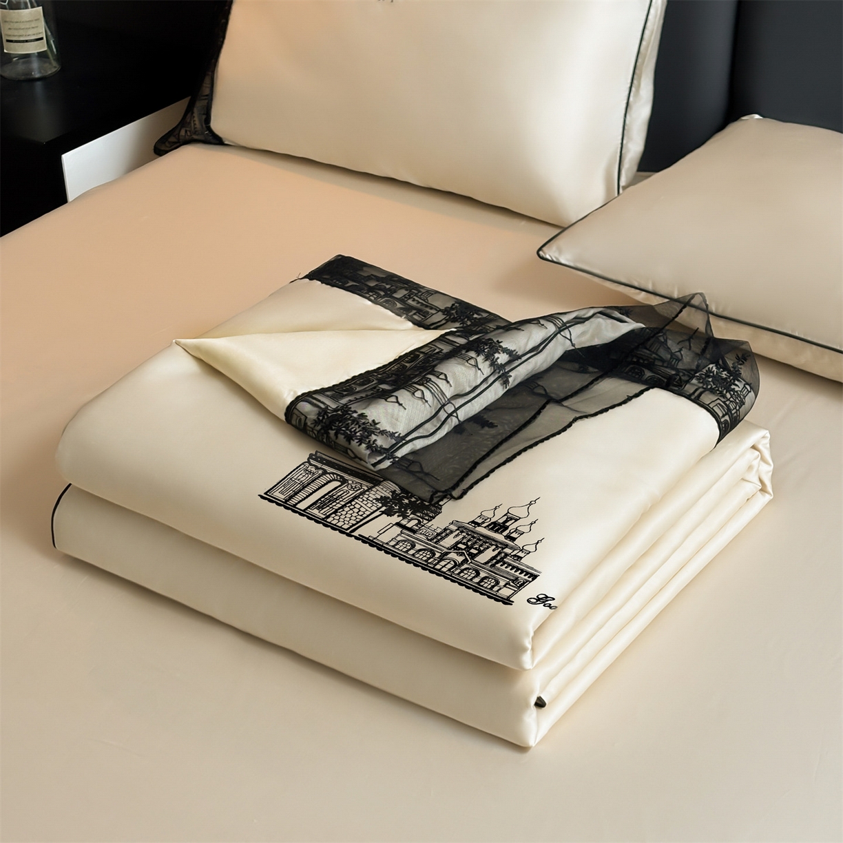 91家纺网 家纺一手货源 找家纺 梵蒂莎 2026新款黑纱城堡系列60s兰精天丝夏被四件套夏凉被空调被被子被芯床单枕套床笠（需要买家秀，加微信 黑纱城堡-居其香槟