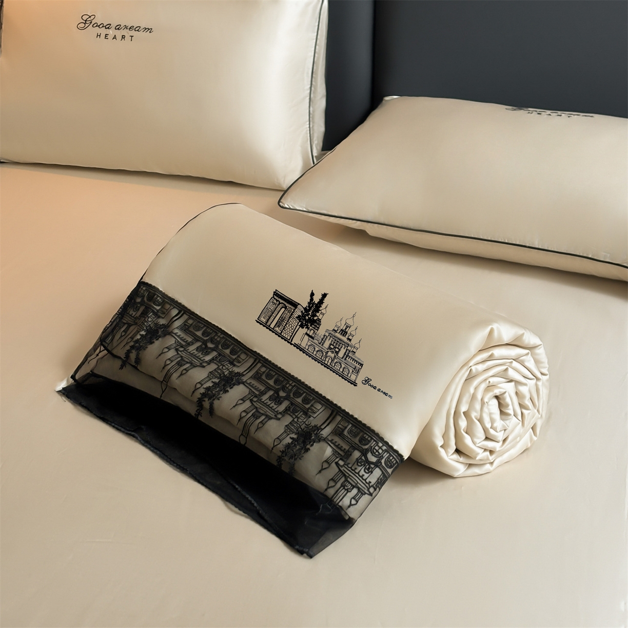 91家纺网 家纺一手货源 找家纺 梵蒂莎 2026新款黑纱城堡系列60s兰精天丝夏被四件套夏凉被空调被被子被芯床单枕套床笠（需要买家秀，加微信 黑纱城堡-居其香槟