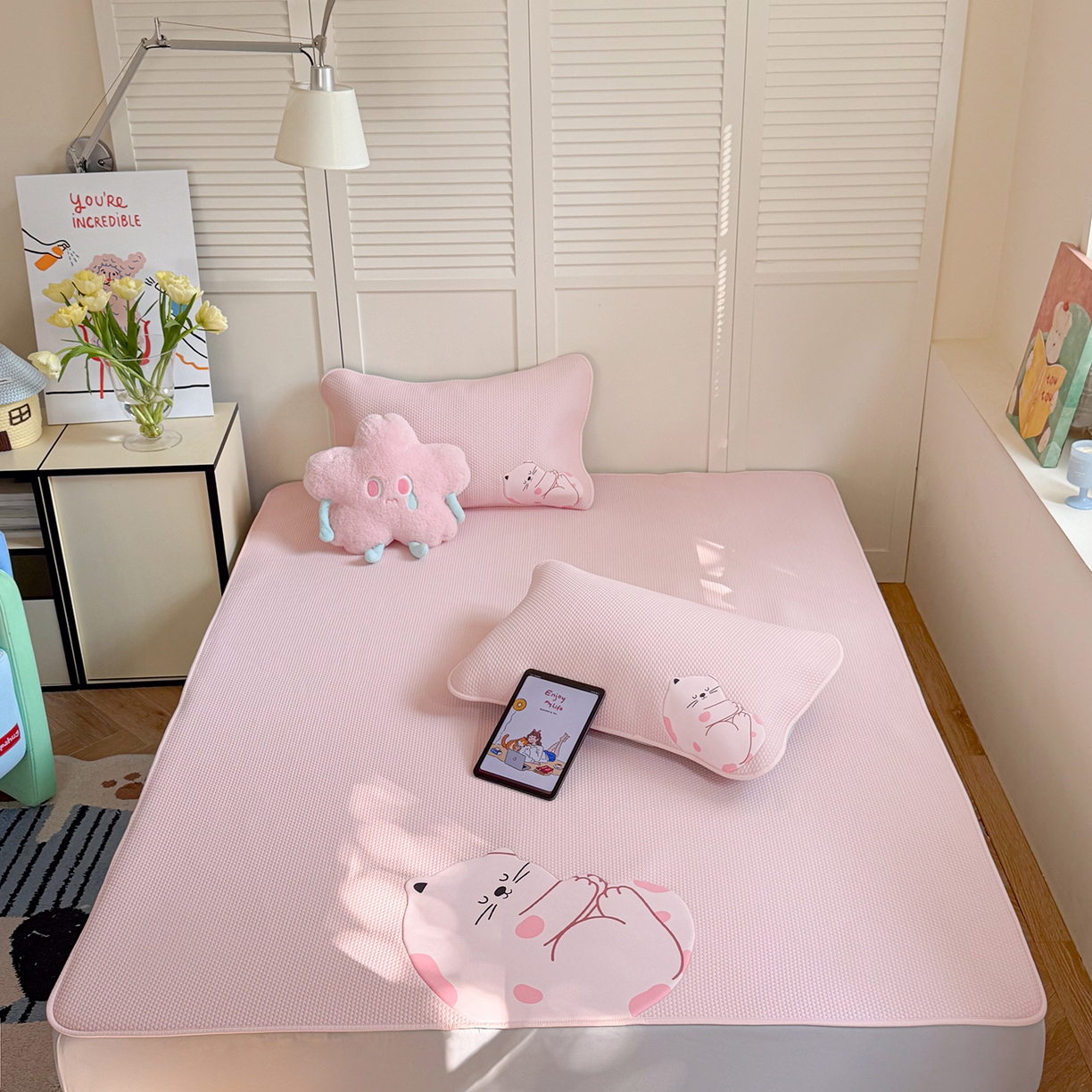 GUJARY古家丽 2026新款即凉萌趣中分子床笠凉席三件套-风格二 软萌喵