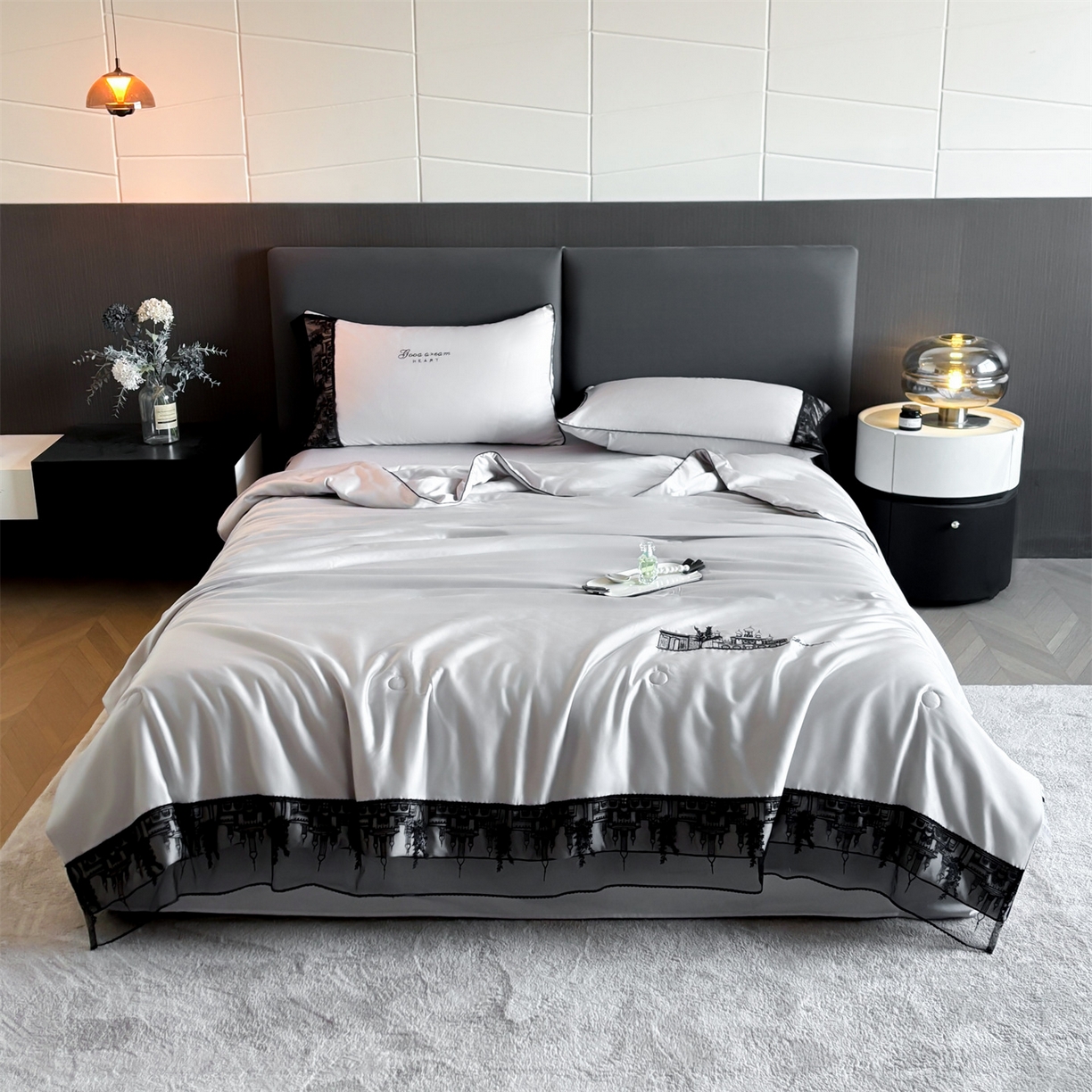 91家纺网 家纺一手货源 找家纺 梵蒂莎 2026新款黑纱城堡系列60s兰精天丝夏被四件套夏凉被空调被被子被芯床单枕套床笠（需要买家秀，加微信 黑纱城堡-浅灰