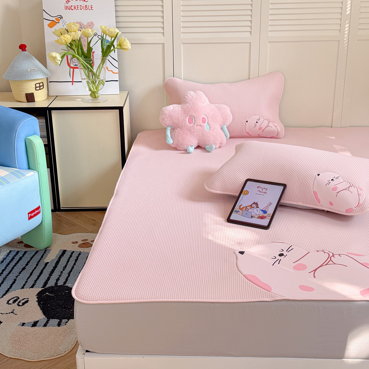 91家纺网 家纺一手货源 找家纺 GUJARY古家丽 2026新款即凉萌趣中分子床笠凉席三件套-风格二 软萌喵