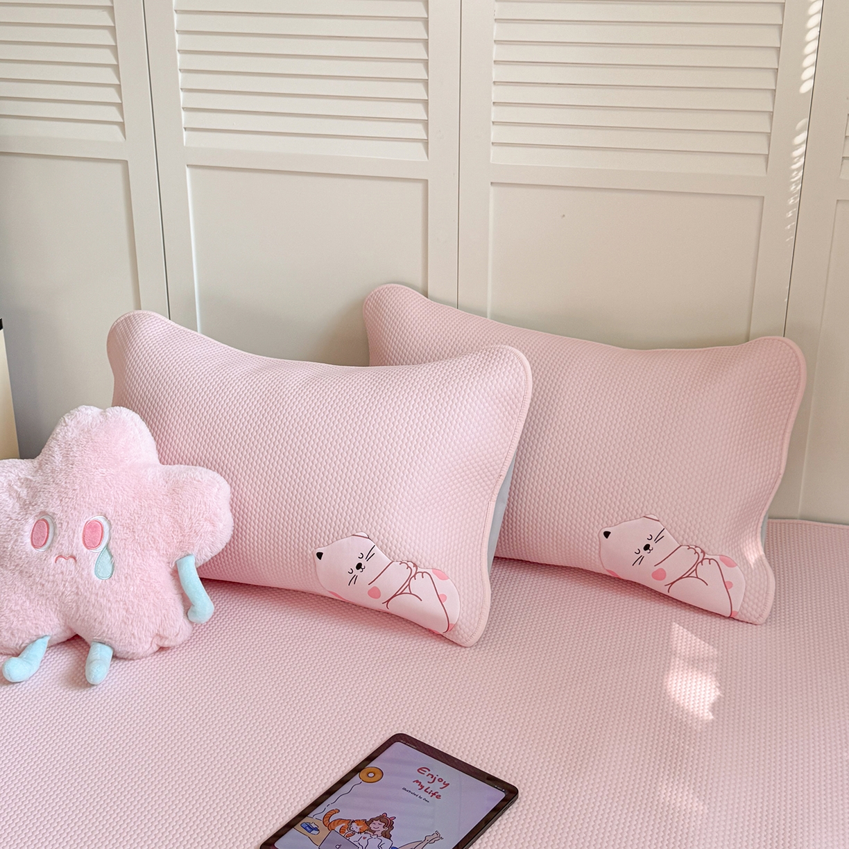 91家纺网 家纺一手货源 找家纺 GUJARY古家丽 2026新款即凉萌趣中分子床笠凉席三件套-风格二 软萌喵